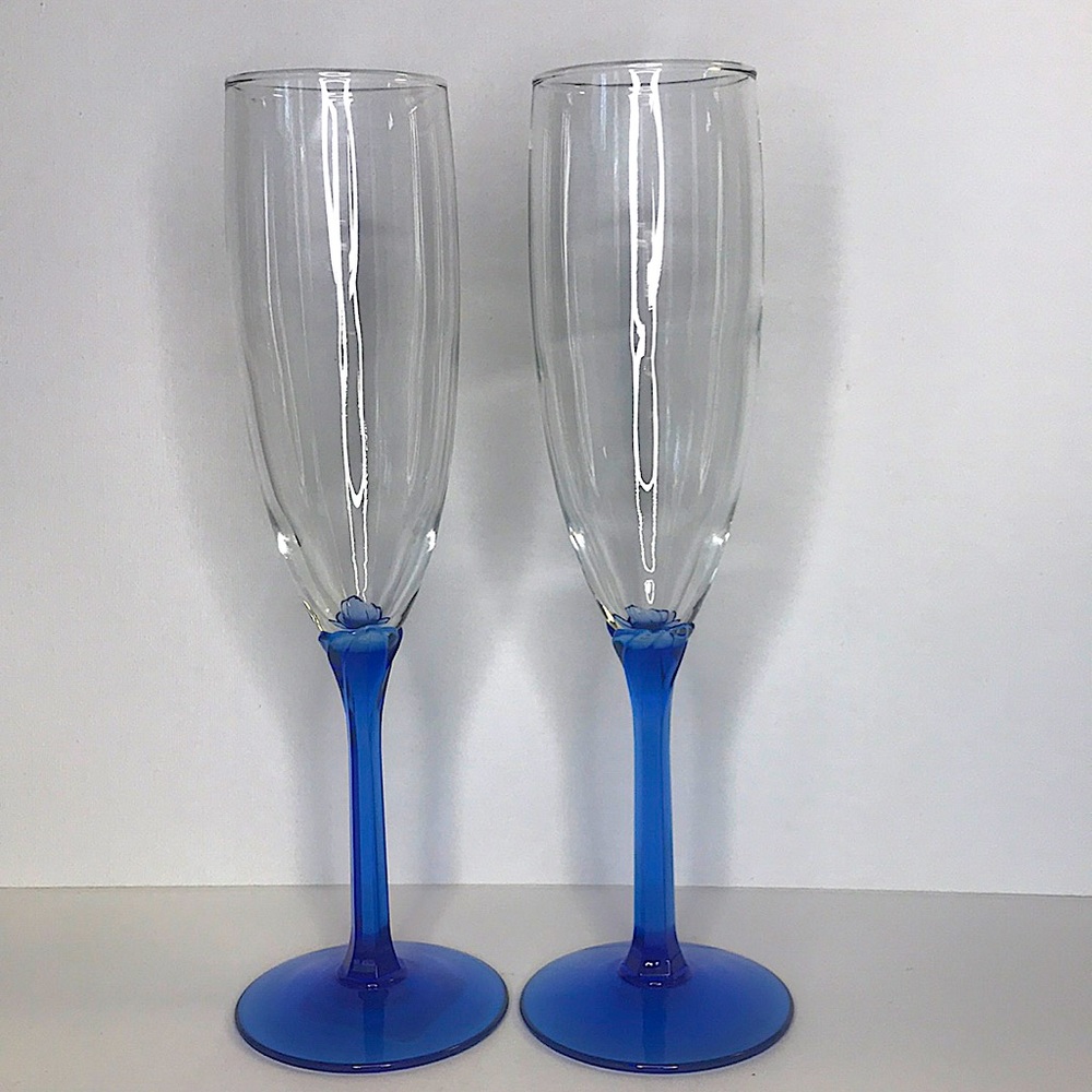 Vintage Libbey Blue Stemware Champagne Flutes (2)